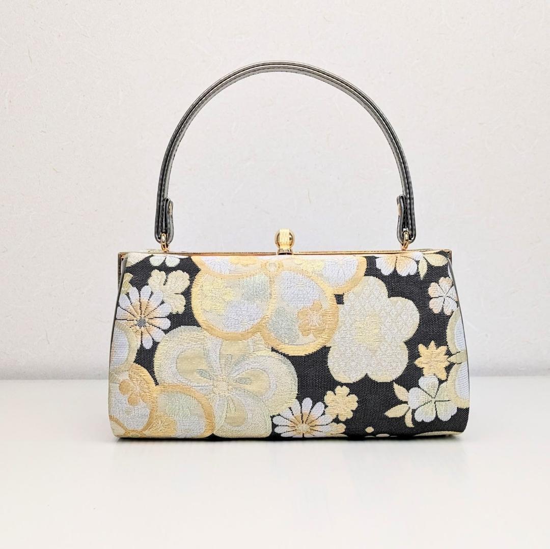 和装 草履 バッグ セット 帯地 梅 黒 金 ブラック フリーサイズ w5-8