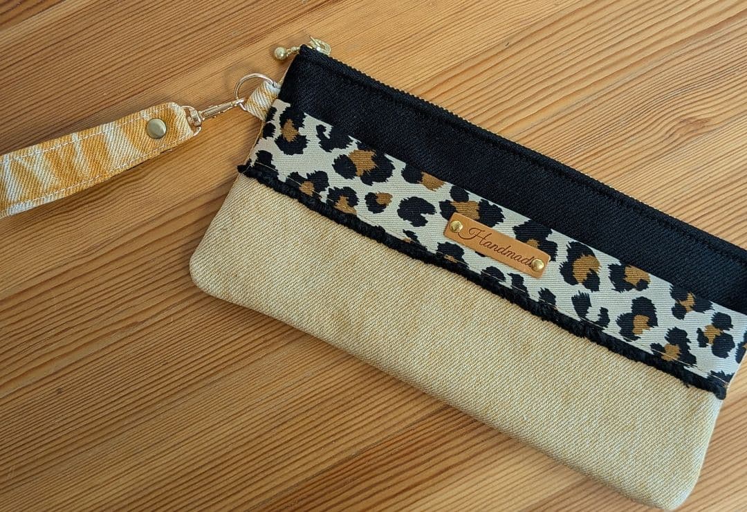 オレンジデニムリメイクバッグ（L）No.842☆ハンドバッグ　横長ポーチ