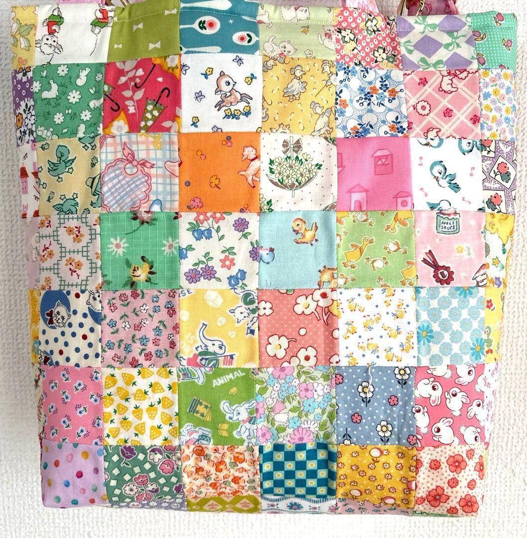 サーティーズ復刻版パッチワークトートバッグ ショルダー紐、ミニポーチ付き