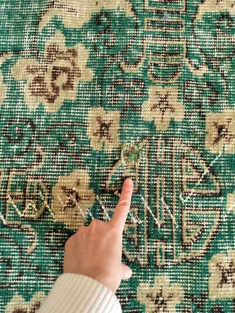 超大判/エメラルドグリーンのシノワズリラグ　トリコヴィンテージラグ　No586