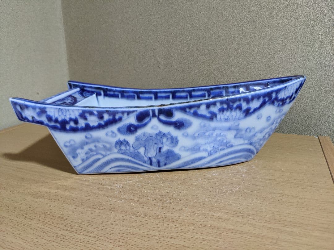 ♦江戸時代 瀬戸焼磁器 染付波千鳥貝尽くし紋 船 盃洗 骨董品 遺品少数レア物