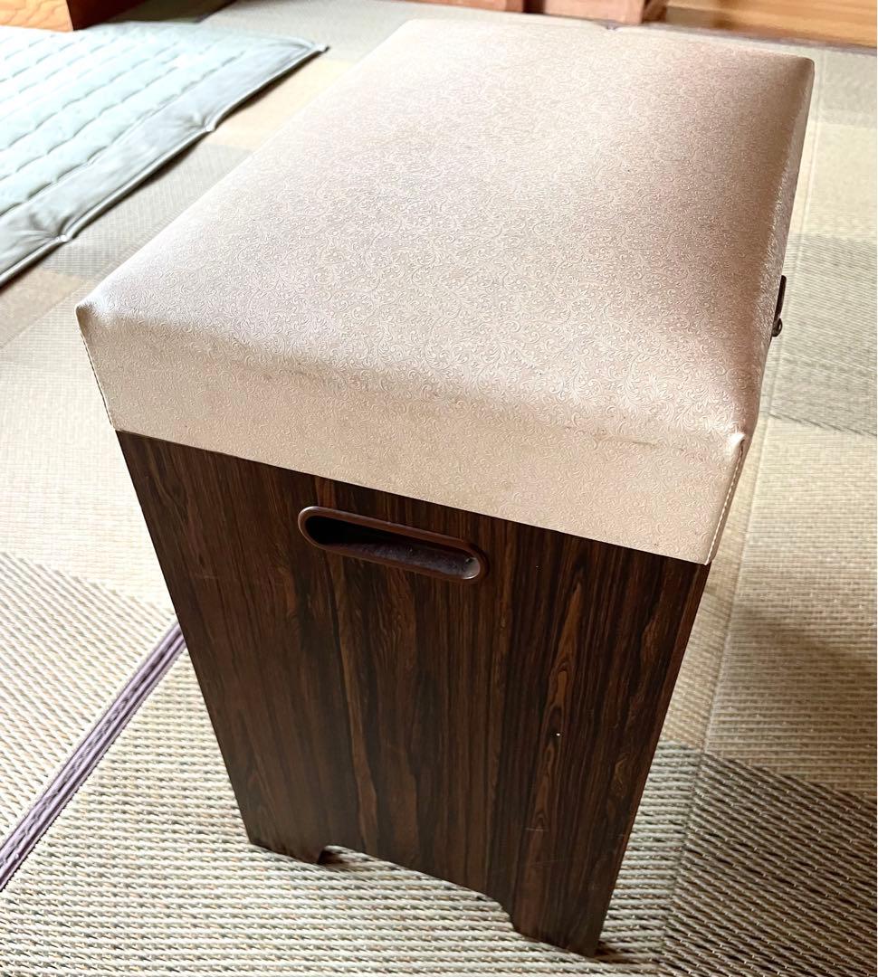 ◆昭和レトロ 収納付きスツール 小型椅子 木材 革張り ペイズリー柄 ゴールド①