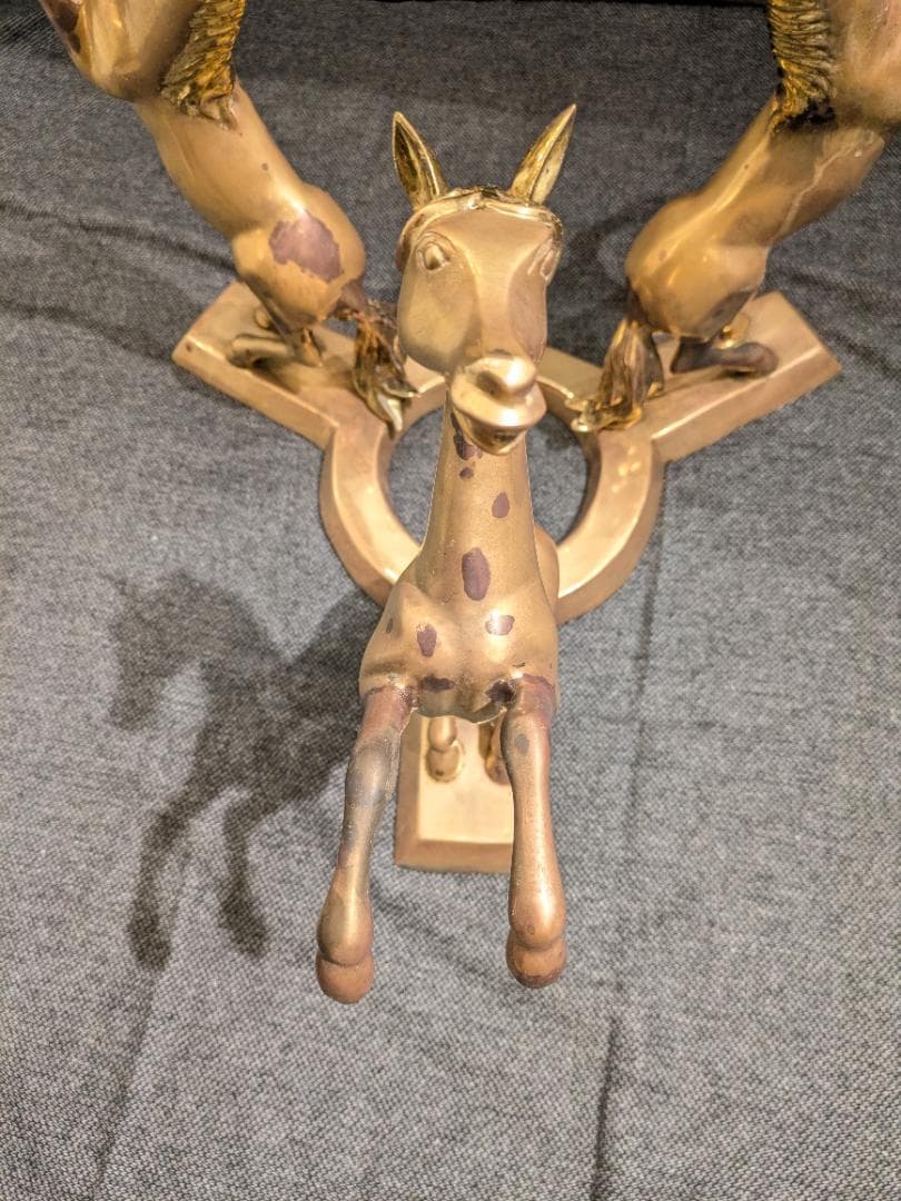 1【希少】サイドテーブル 銅無垢 ブロンズ製 上品 ガラステーブル 馬