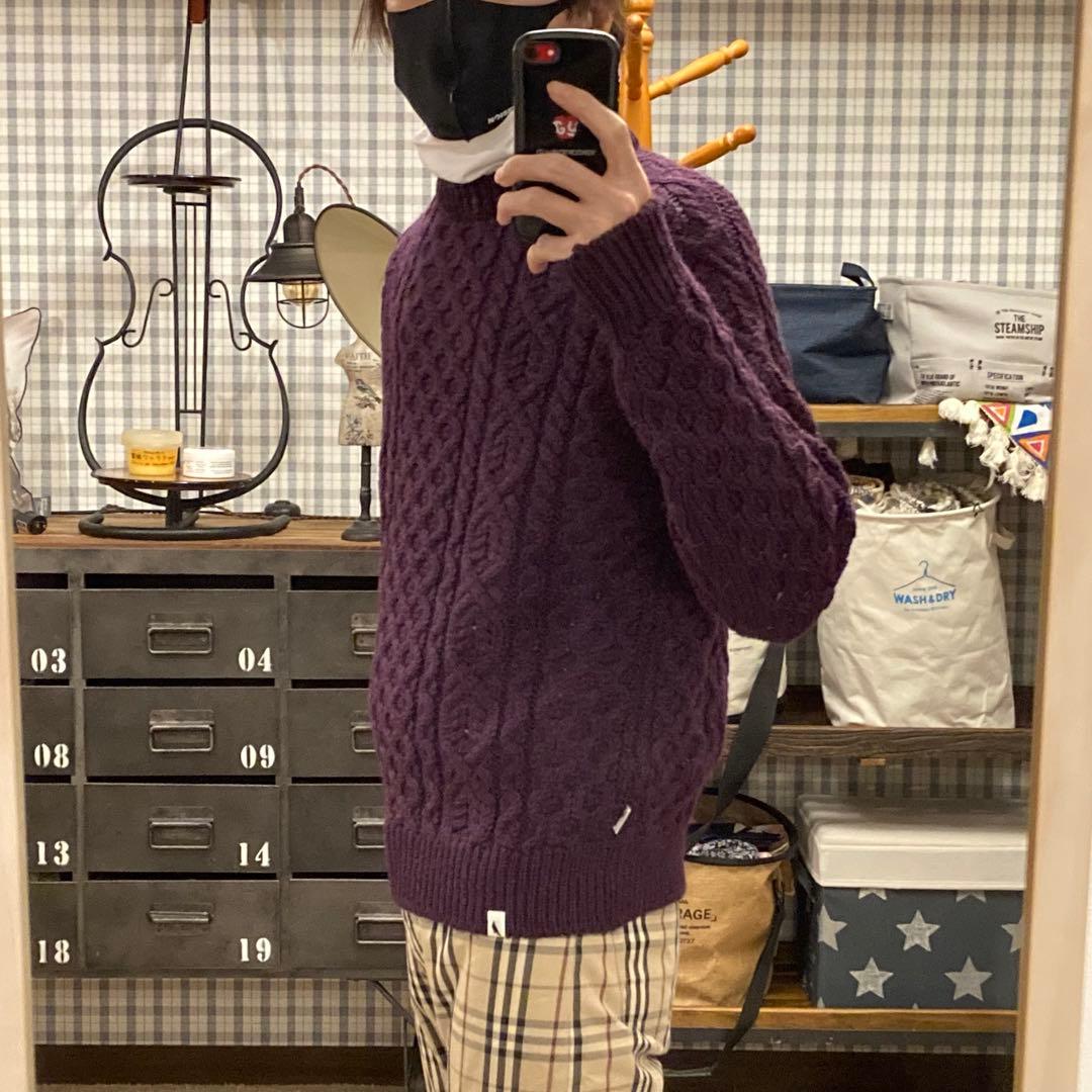 ペレグリン アランケーブルクルーネックニット パープルケーブルニット　イギリス製
