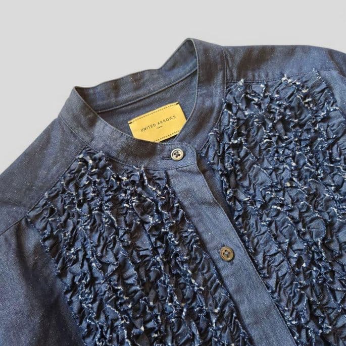 ユナイテッドアローズ UGCS フリル スタンドカラーシャツ NAVY リネン