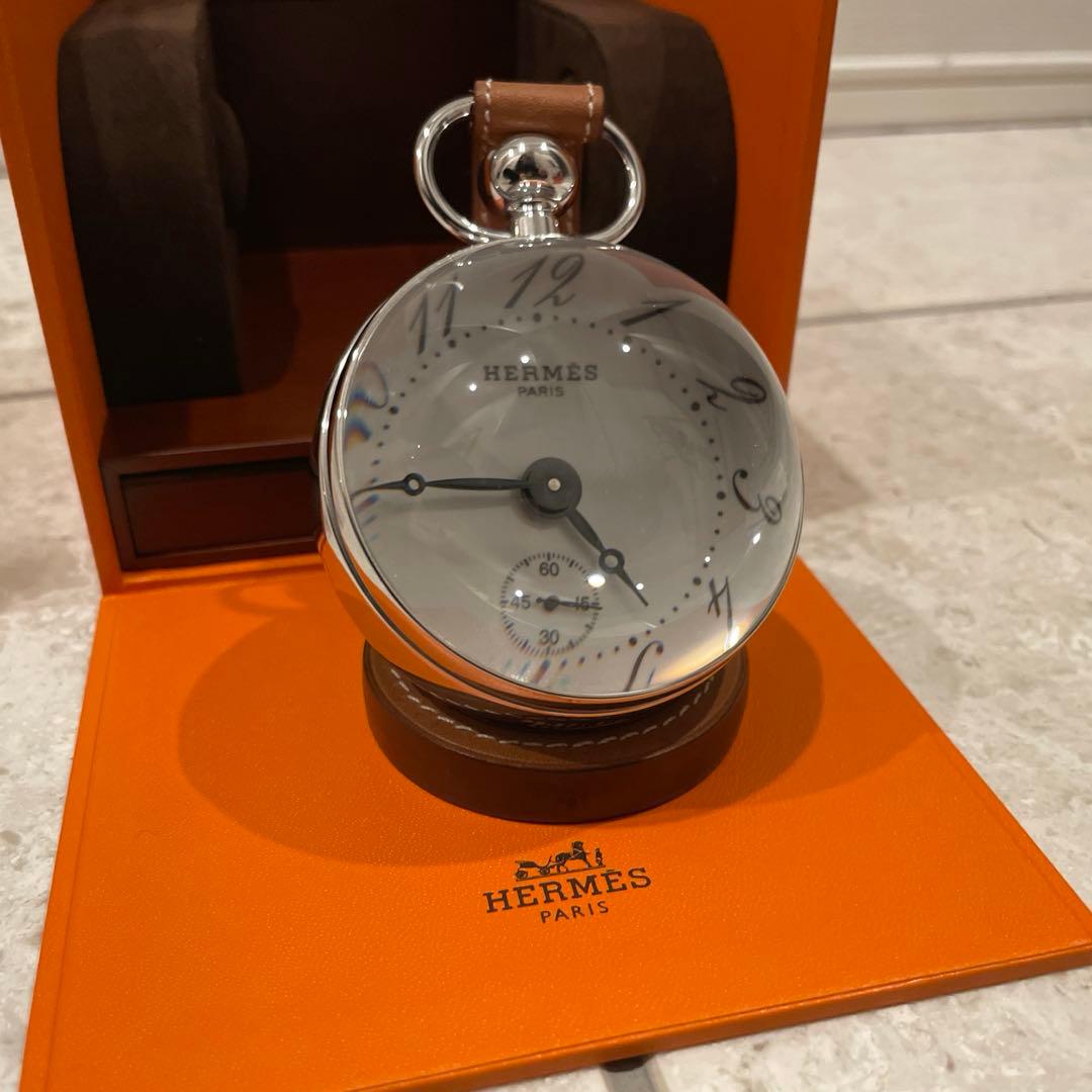 HERMES 置時計 シルバー メタル レザー　時計　手巻き
