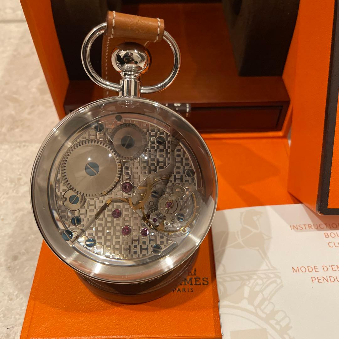 HERMES 置時計 シルバー メタル レザー　時計　手巻き