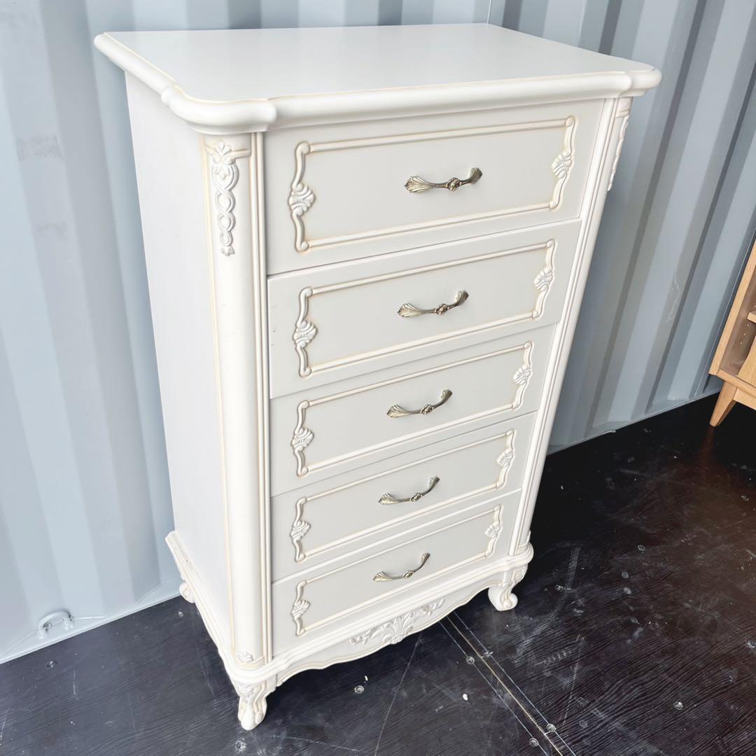 取付無料！ロココ調おしゃれアンティーク姫系猫脚クラシックアイボリー5段チェスト✨