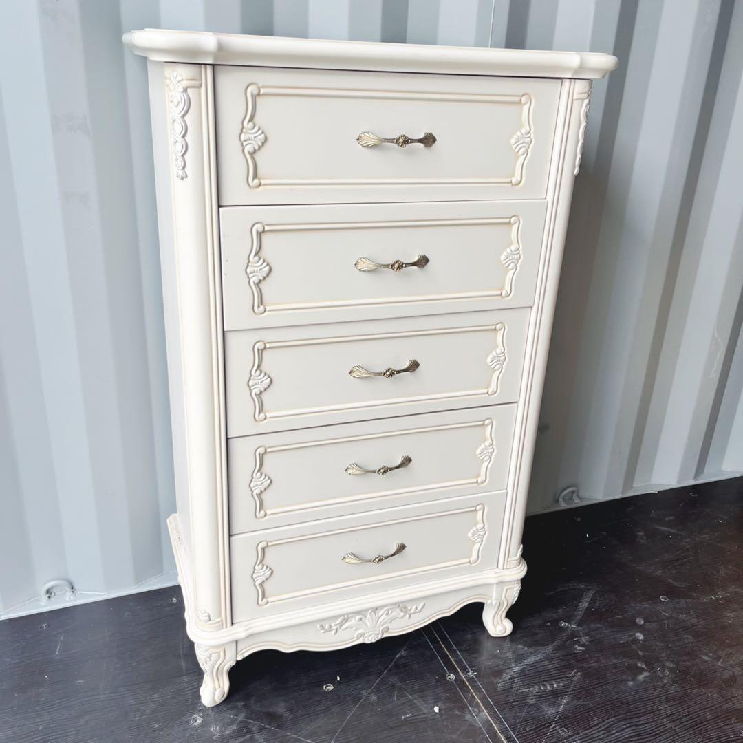 取付無料！ロココ調おしゃれアンティーク姫系猫脚クラシックアイボリー5段チェスト✨