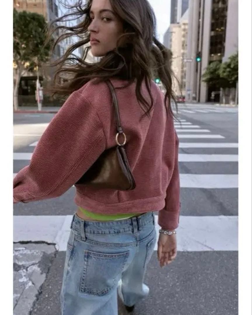 タグ付き新品★ZARAのコーデュロイフェイクレザー襟ジャケット★M★マルサラ色