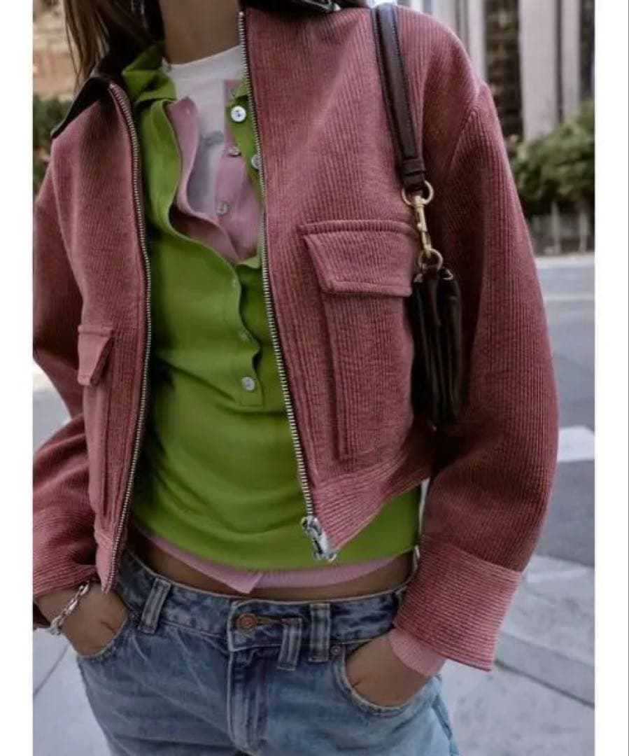 タグ付き新品★ZARAのコーデュロイフェイクレザー襟ジャケット★M★マルサラ色