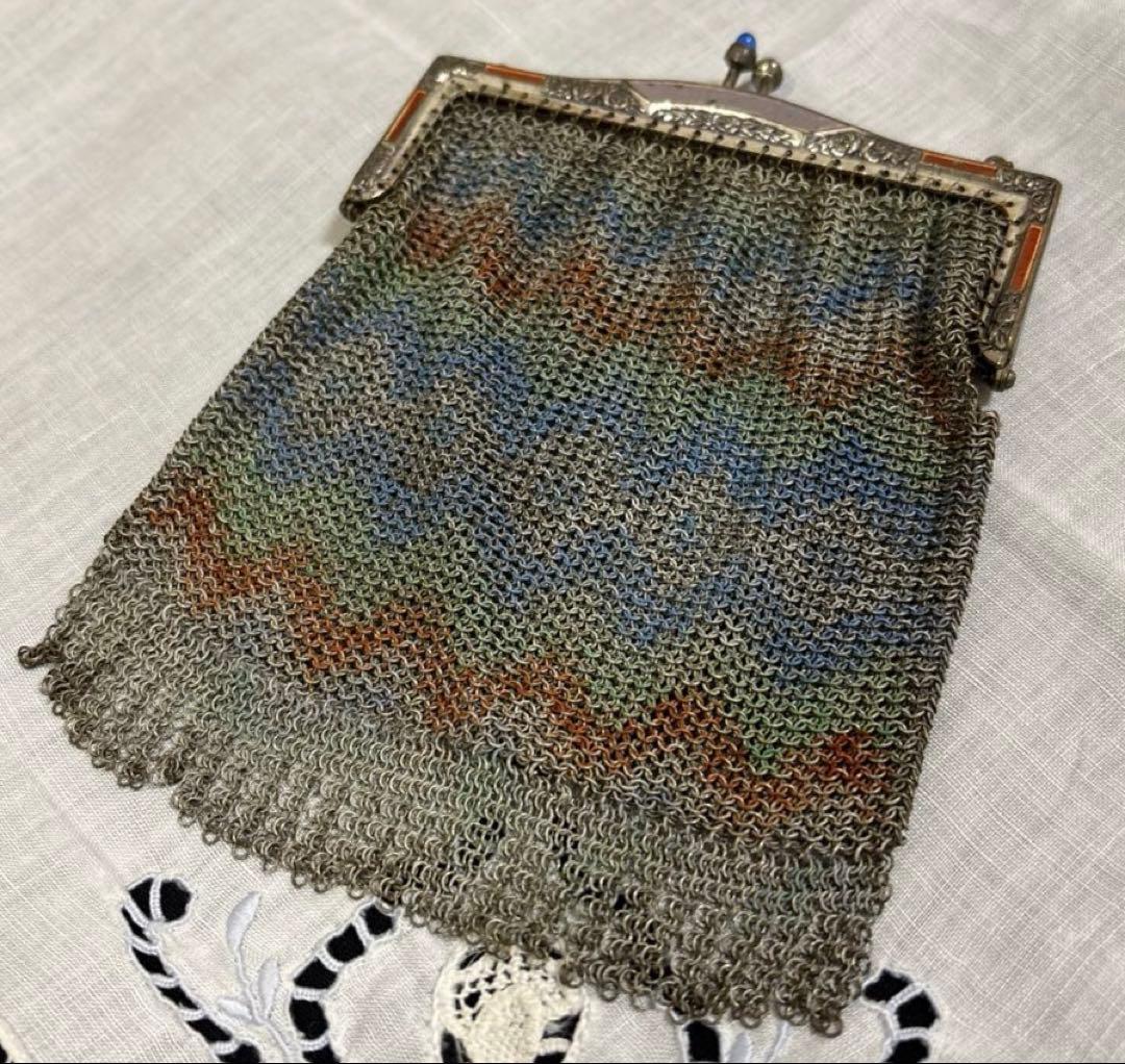 ヨーロッパ製 Antique メタルチェーンメッシュパース エナメル装飾