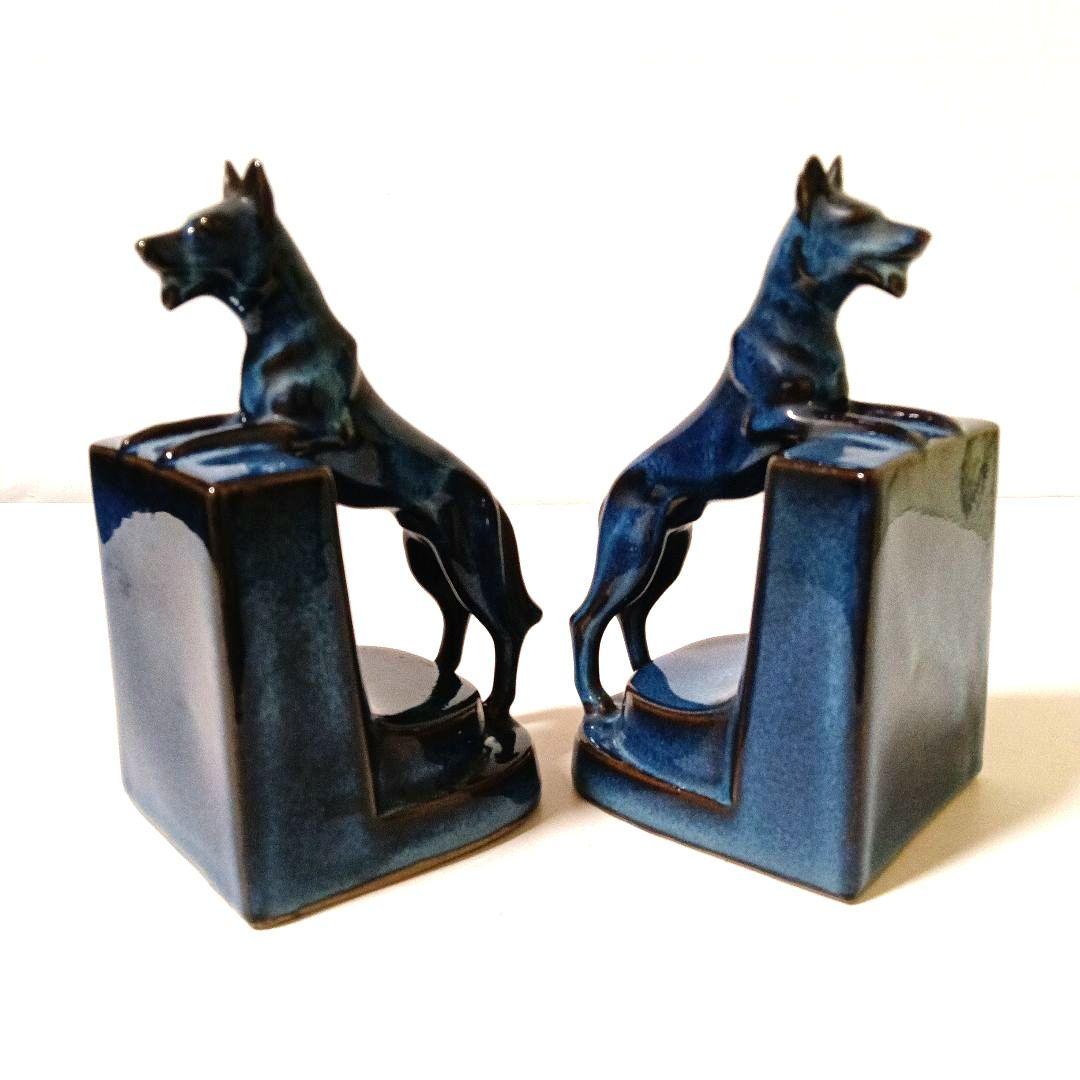 ドッグ ブックエンド オブジェ 陶磁器 青色 藍色 レトロ ヴィンテージ 犬