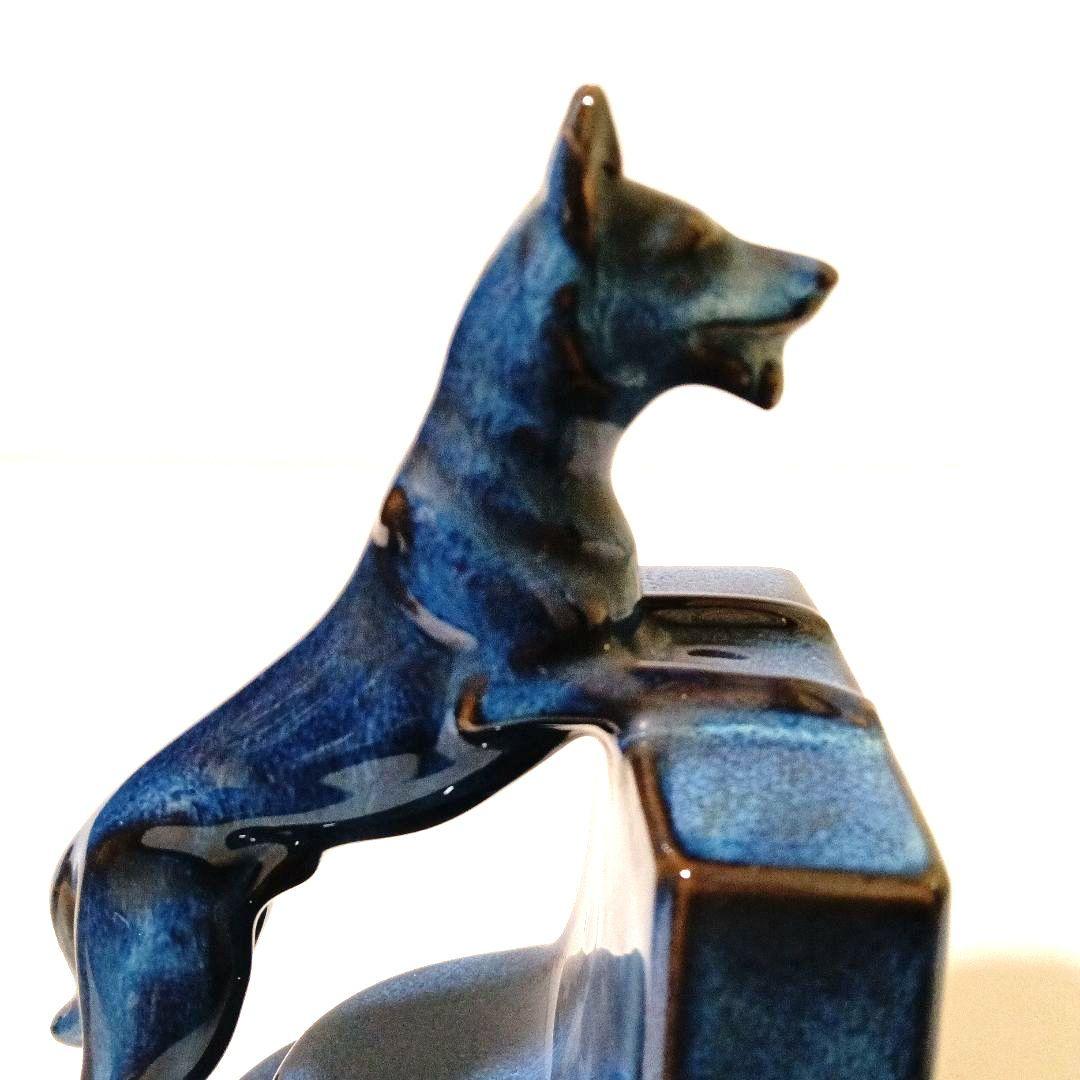 ドッグ ブックエンド オブジェ 陶磁器 青色 藍色 レトロ ヴィンテージ 犬
