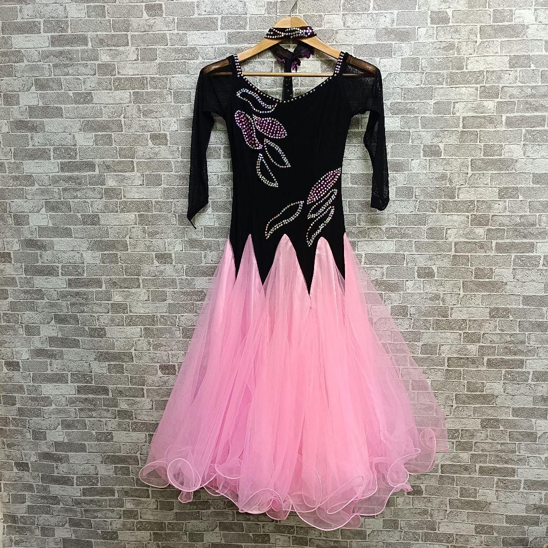 【ステージ衣装】ラインストーンフリルドレス黒とピンク社交ダンス女性M寸d66