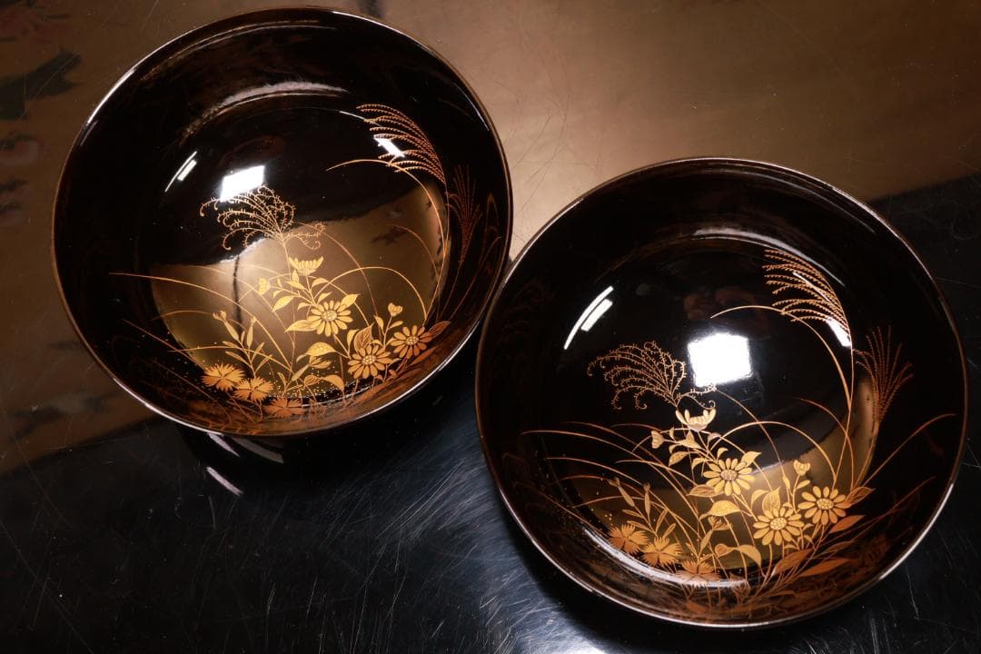 はる、BJ031A 時代輪島塗　秋乃草図金蒔絵　あつもの椀　吸物椀　二客