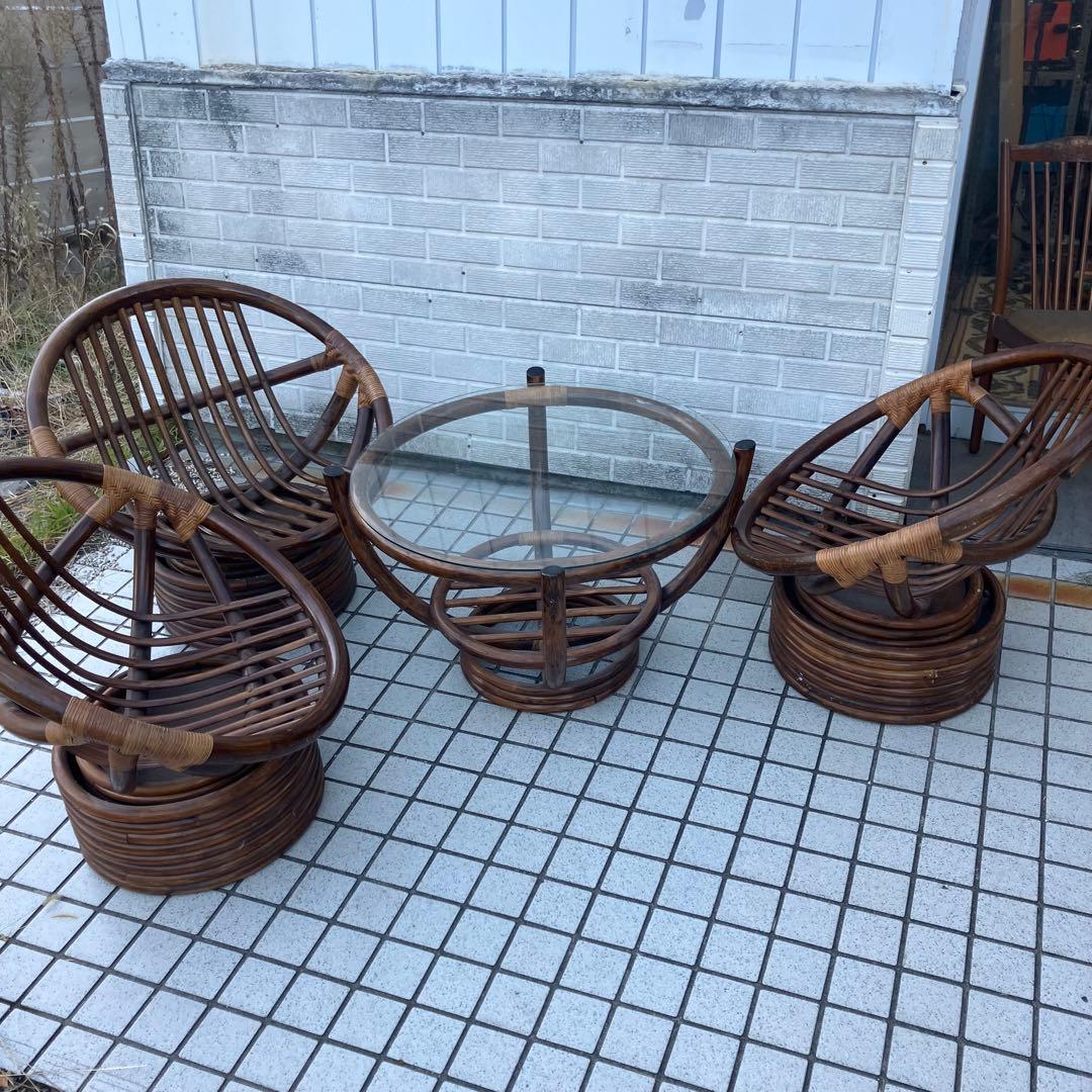 昭和レトロ ヴィンテージ ラタンラウンドテーブル 籐家具古家具 センターテーブル