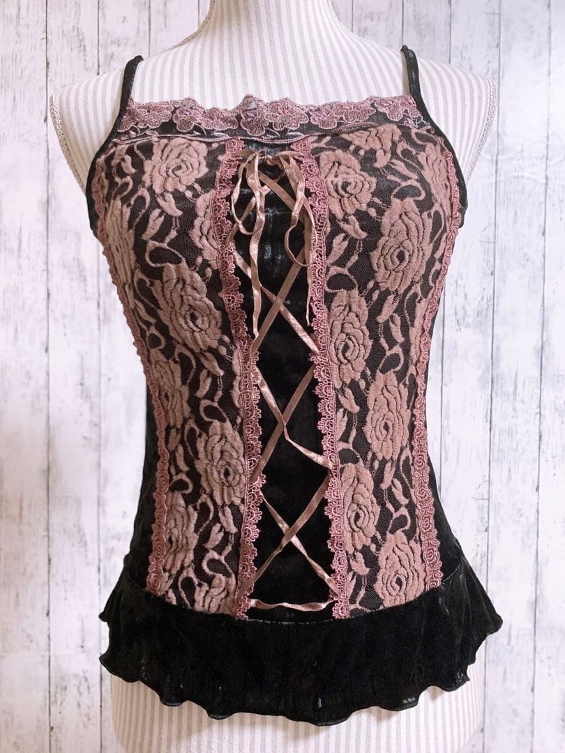 フェアリーグランジ レース リボン フリル ローズ ベロアキャミソールY2K古着