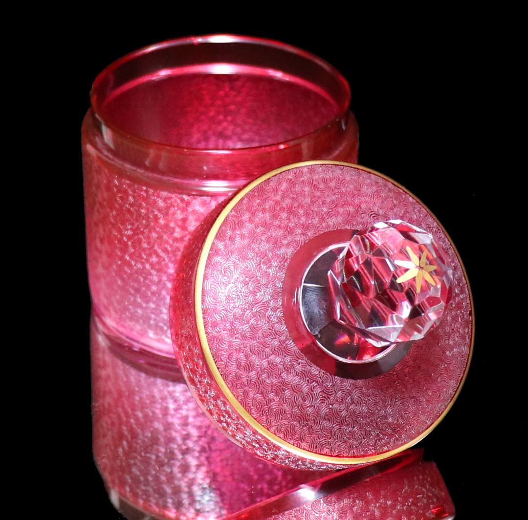 オールド・バカラ 最高級珍品 希少色 青海波模様 金彩 赤色被せ 蓋物 春海好み