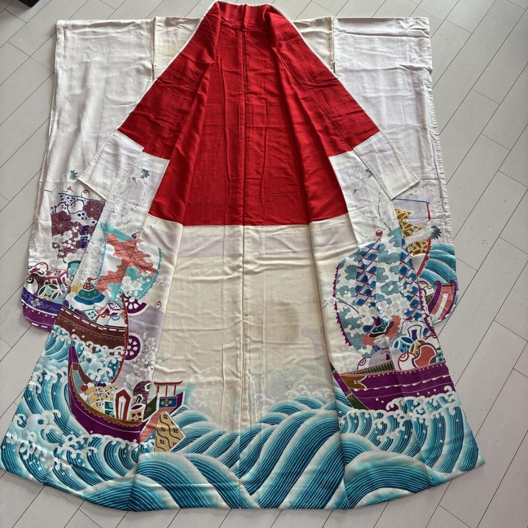 ■E5029■アンティーク■正絹縮緬■大正ロマン　五つ紋　宝船と鶴柄　袷　振袖■