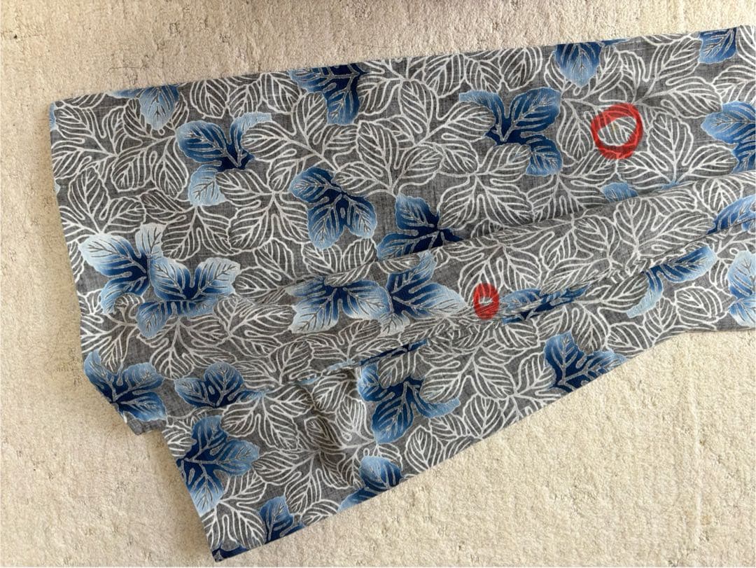 青い葉柄の浴衣　竺仙　綿紬　注染