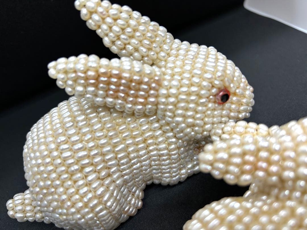 本淡水パール　ウサギの親子置物　ヴィンテージ　全身パールウサギ　縁起もの