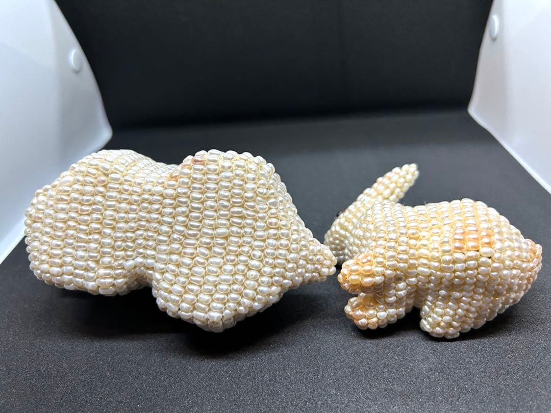 本淡水パール　ウサギの親子置物　ヴィンテージ　全身パールウサギ　縁起もの