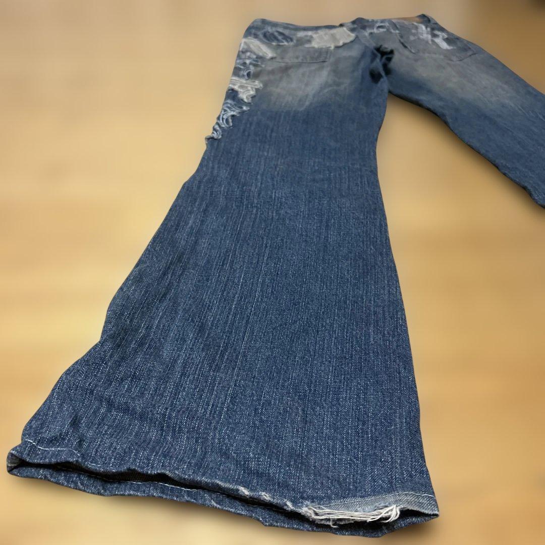 刺繍入りダークブルーブーツカットデニム　ヴィンテージ美品