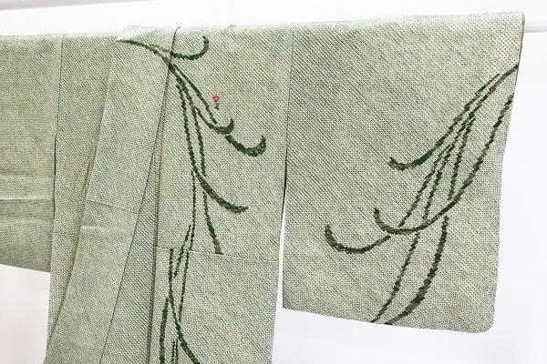 訪問着 総絞り くすんだ黄緑 草色 枝花 刺繍 身丈159cm 裄丈64cm