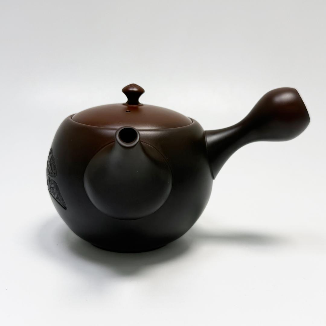 美品 常滑焼 山田宝生 急須 イチョウ紅葉菊彫 横手急須