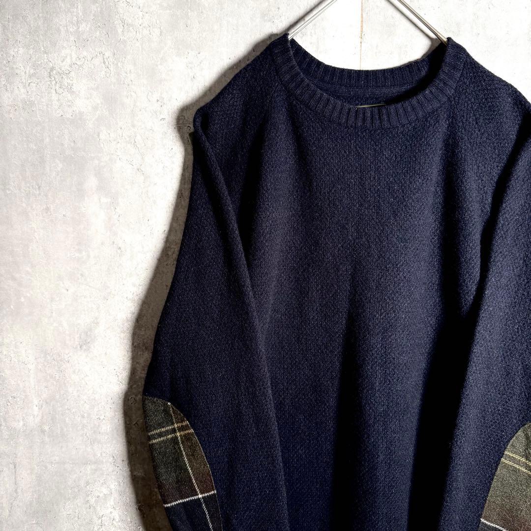 ⭐️希少⭐️バブアー Barbour ニット L アームパッチ チェック ウール 紺