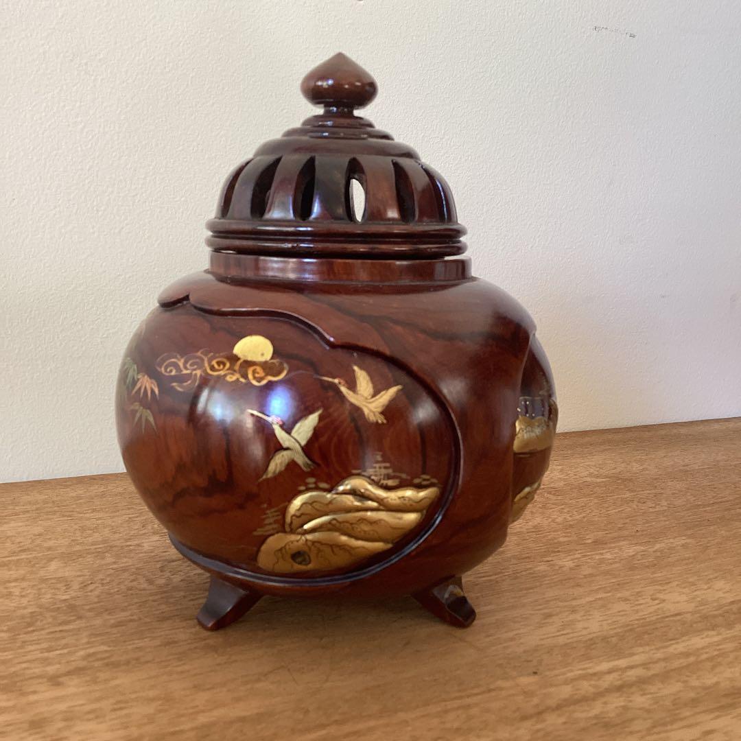 三足香炉　雲龍作　高級紫檀　蒔絵香炉　金蒔絵　山水之図　松　鶴　竹　木製木製