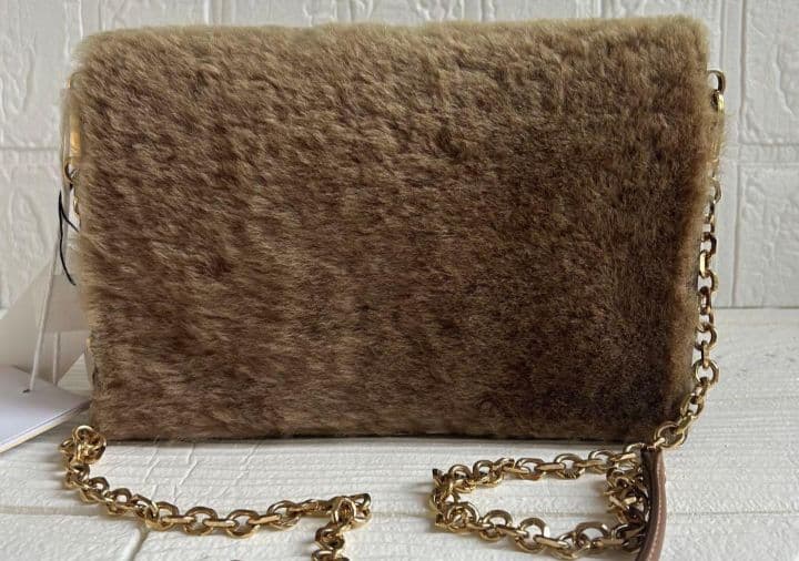 【美品】ZANCHETTI ショルダーバッグ ブラウン ファー ゴールドチェーン
