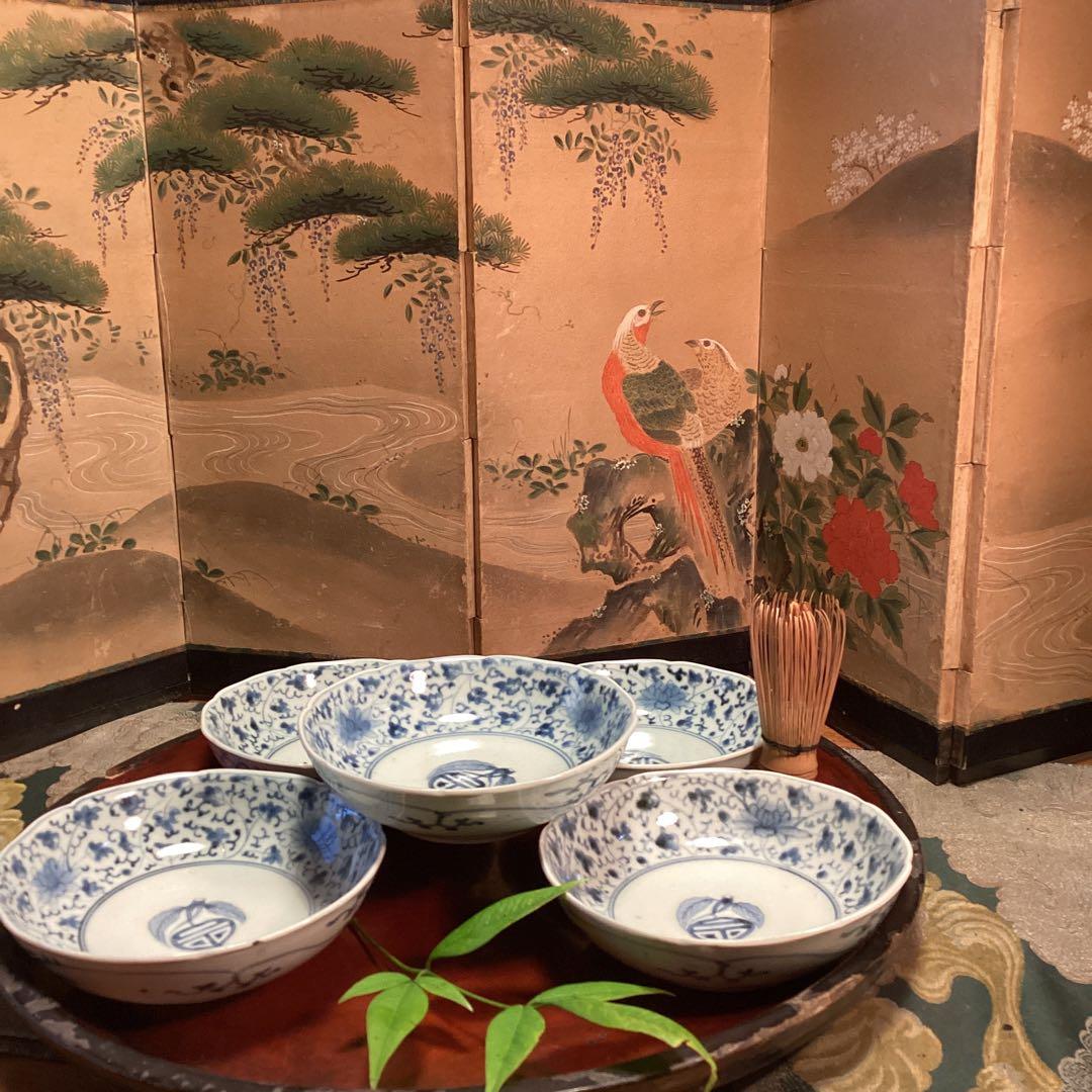 A996❷古伊万里　染付（柿右衛門）花唐草　見込栗紋様　輪花型　膾皿　1枚