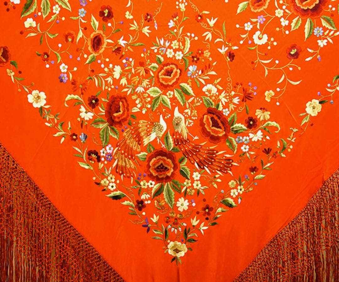 [新品] 【特価品】シルク製高級マントン・オレンジ地x赤・カラー刺繍