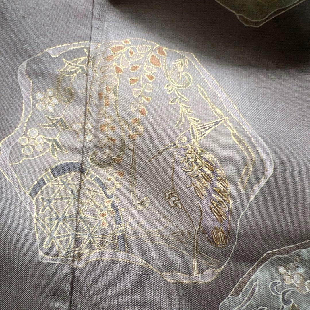付け下げ　紬　金糸　鷺　花模様　八橋　リーフ　蛇籠　グレー系　着物　062w d