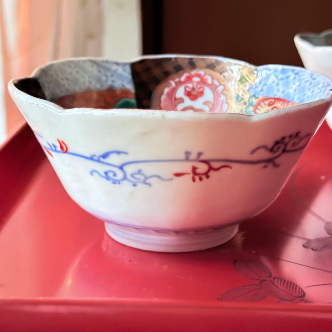 超限定価格‼️伊万里錦手向付おひたしにはこれ‼️桃手に鶴と竹六弁花在銘向付5客