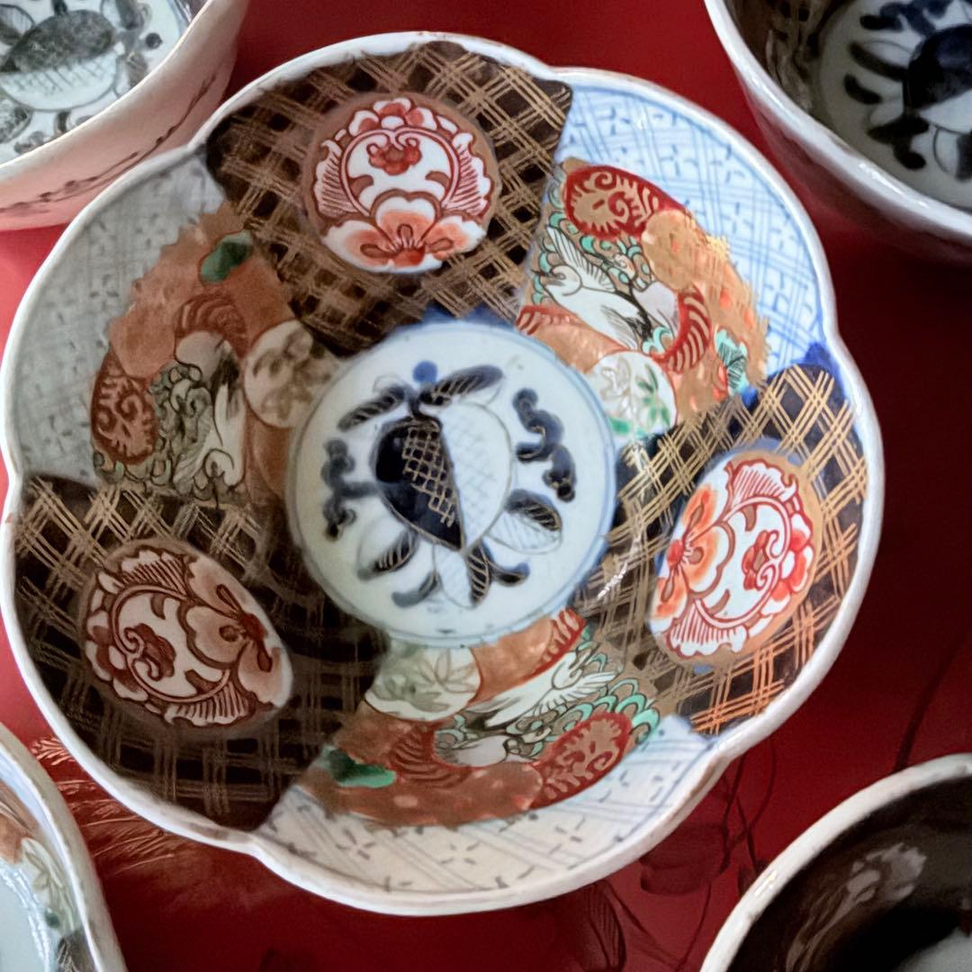 超限定価格‼️伊万里錦手向付おひたしにはこれ‼️桃手に鶴と竹六弁花在銘向付5客