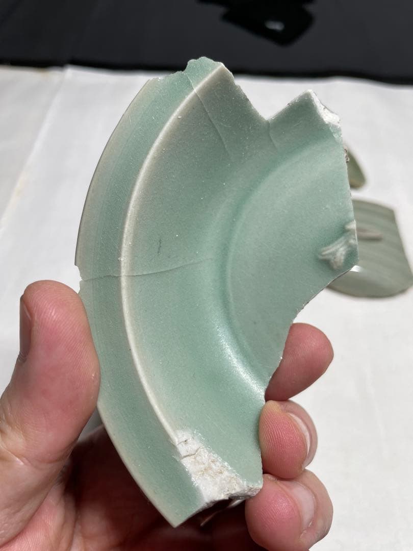 青磁。龍泉青磁。標本。骨董品。殘片4本。陶片（古美術）。宋時代