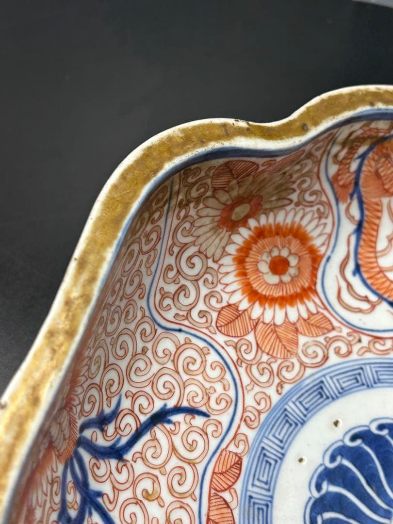 古伊万里 色絵 花唐草 龍 木瓜形 大皿 江戸期 希少品 陶器金彩 太明成化年製