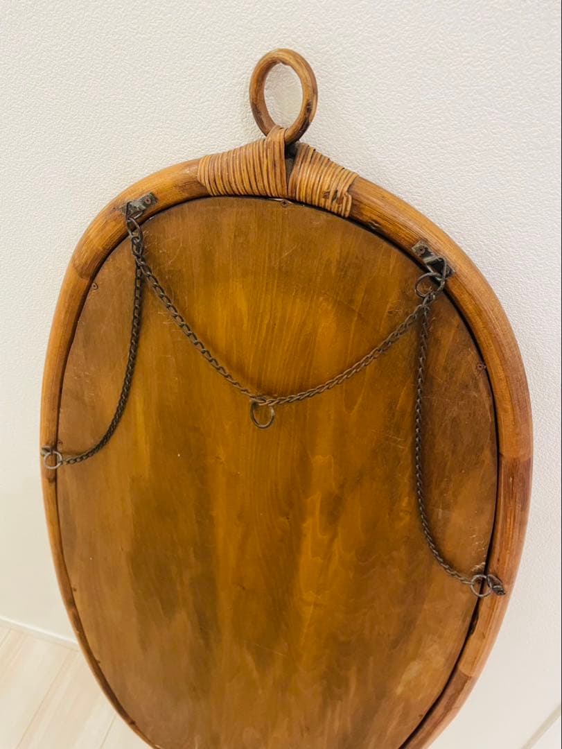 アンティーク ラタン 天然木 壁掛け鏡 ウォールミラー