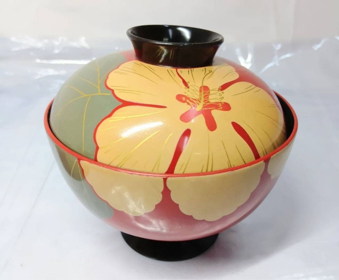 骨董 能登輪島塗 朱漆内黒 芙蓉花蒔絵 お椀 5客 レトロ アンティーク