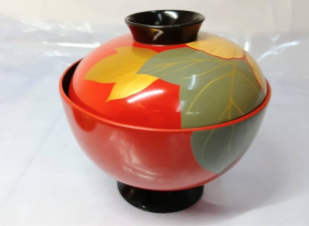 骨董 能登輪島塗 朱漆内黒 芙蓉花蒔絵 お椀 5客 レトロ アンティーク