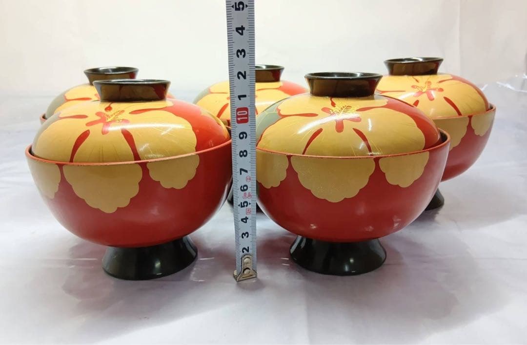 骨董 能登輪島塗 朱漆内黒 芙蓉花蒔絵 お椀 5客 レトロ アンティーク