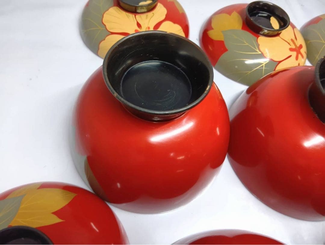 骨董 能登輪島塗 朱漆内黒 芙蓉花蒔絵 お椀 5客 レトロ アンティーク