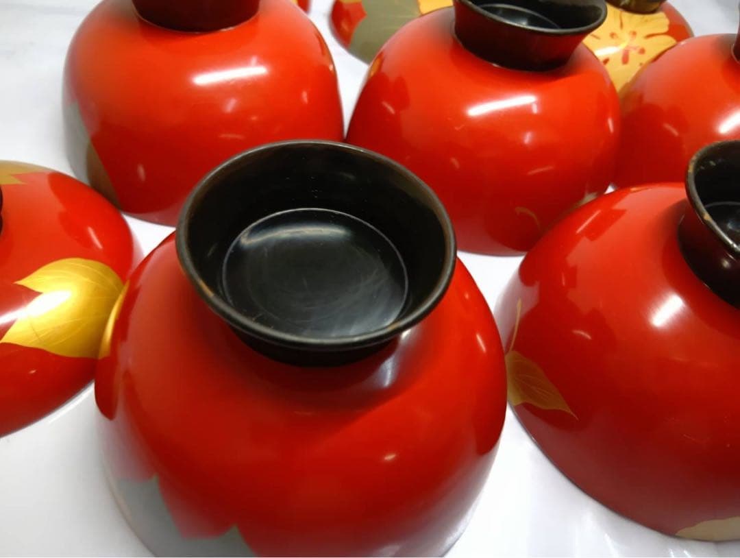 骨董 能登輪島塗 朱漆内黒 芙蓉花蒔絵 お椀 5客 レトロ アンティーク
