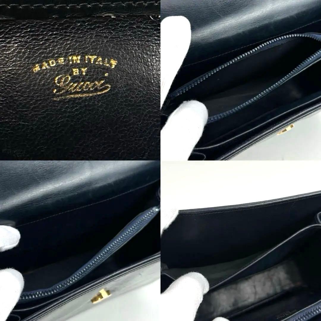 『美品』グッチ　ショルダーバッグ　GG　インターロッキング　レザー　ネイビー