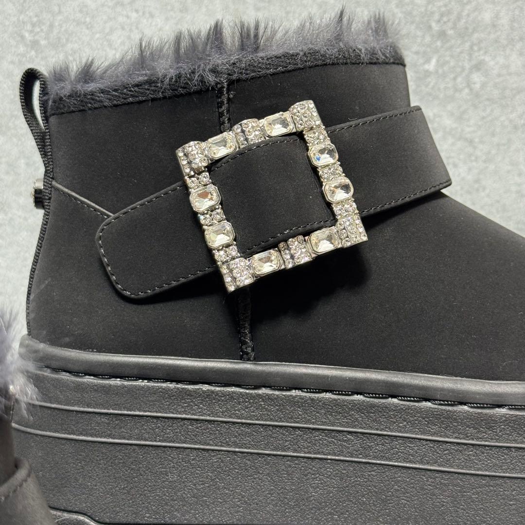 【新品】+DIANA ブラックムートン ビジュー バックル スエード24.5cm