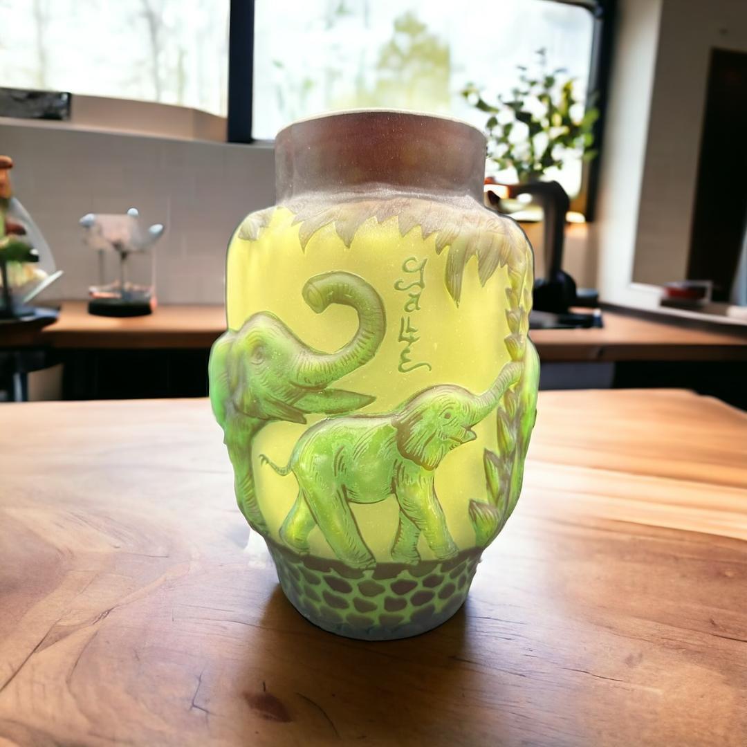 エミール　ガレ　特大　群像紋　花器　花瓶　技法スフレ　被せガラス　 高さ20