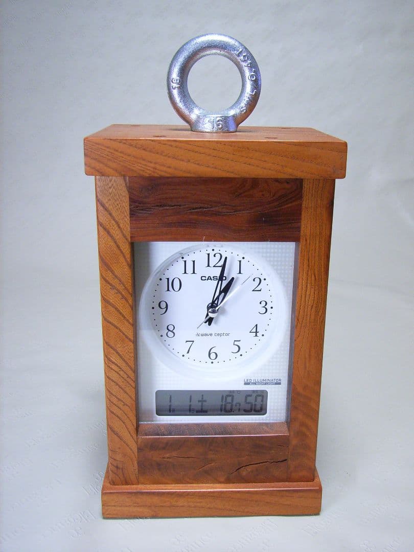 V012総欅板材M16アイボルト付電波目覚まし時計（カシオTQT−351NJ使用